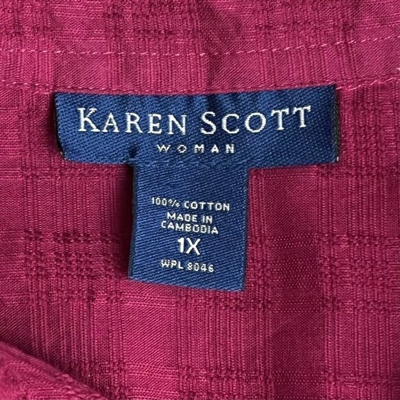 Karen Scott Size 1X Womens Raspberry Textured 3/4 Sleeve Button-Up Shirt Pockets - Picture 3 of 9